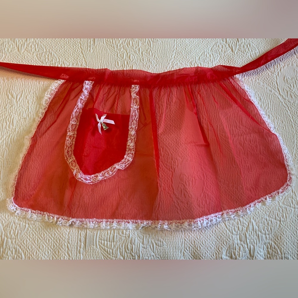 Vintage Christmas/Valentine Red Sheer Nylon Lace-Trim Apron w/ pocket & bell